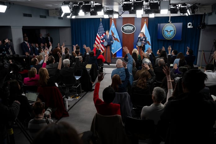 Defense Secretary Pete Hegseth and Gen. Dan Caine at Pentagon press briefing on Operation Epic Fury budget and war goals