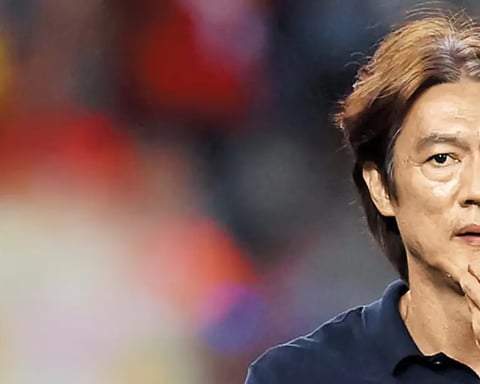 South Korea coach Hong Myung-bo at a press conference before his resignation following the 2026 World Cup group-stage exit