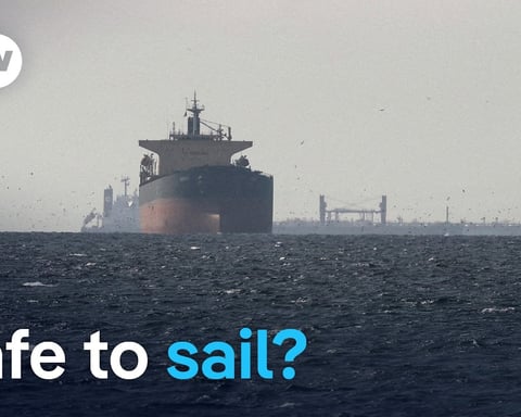 Ships navigating the Strait of Hormuz evacuation corridor before the IMO suspended the programme