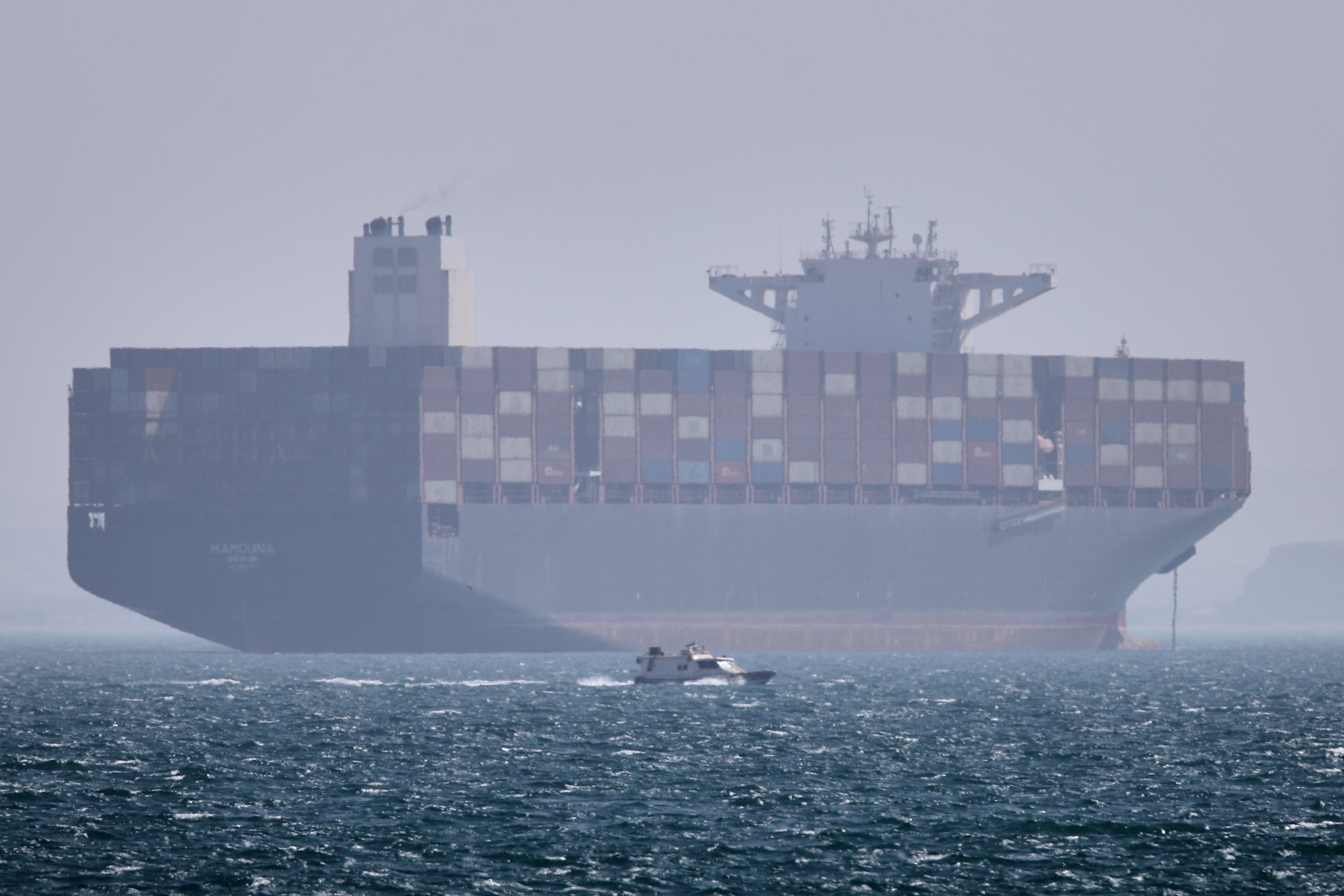 A container ship anchored in the Strait of Hormuz off Bandar Abbas, Iran