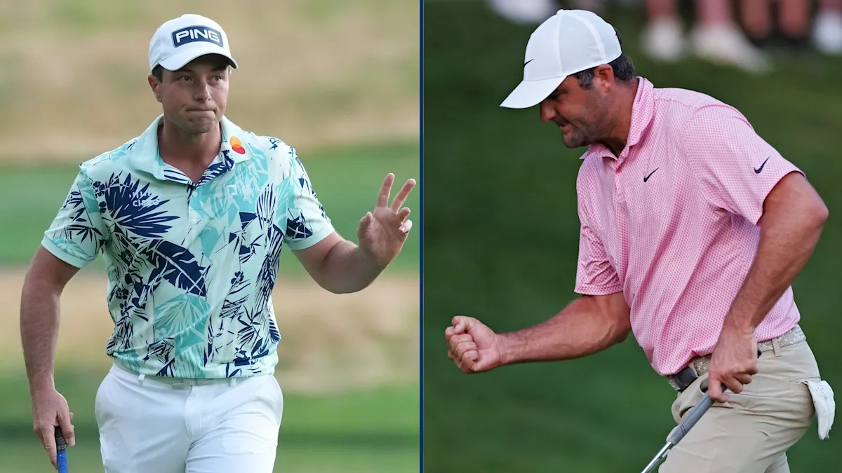 Viktor Hovland on the course at TPC River Highlands during the final round of the 2026 Travelers Championship