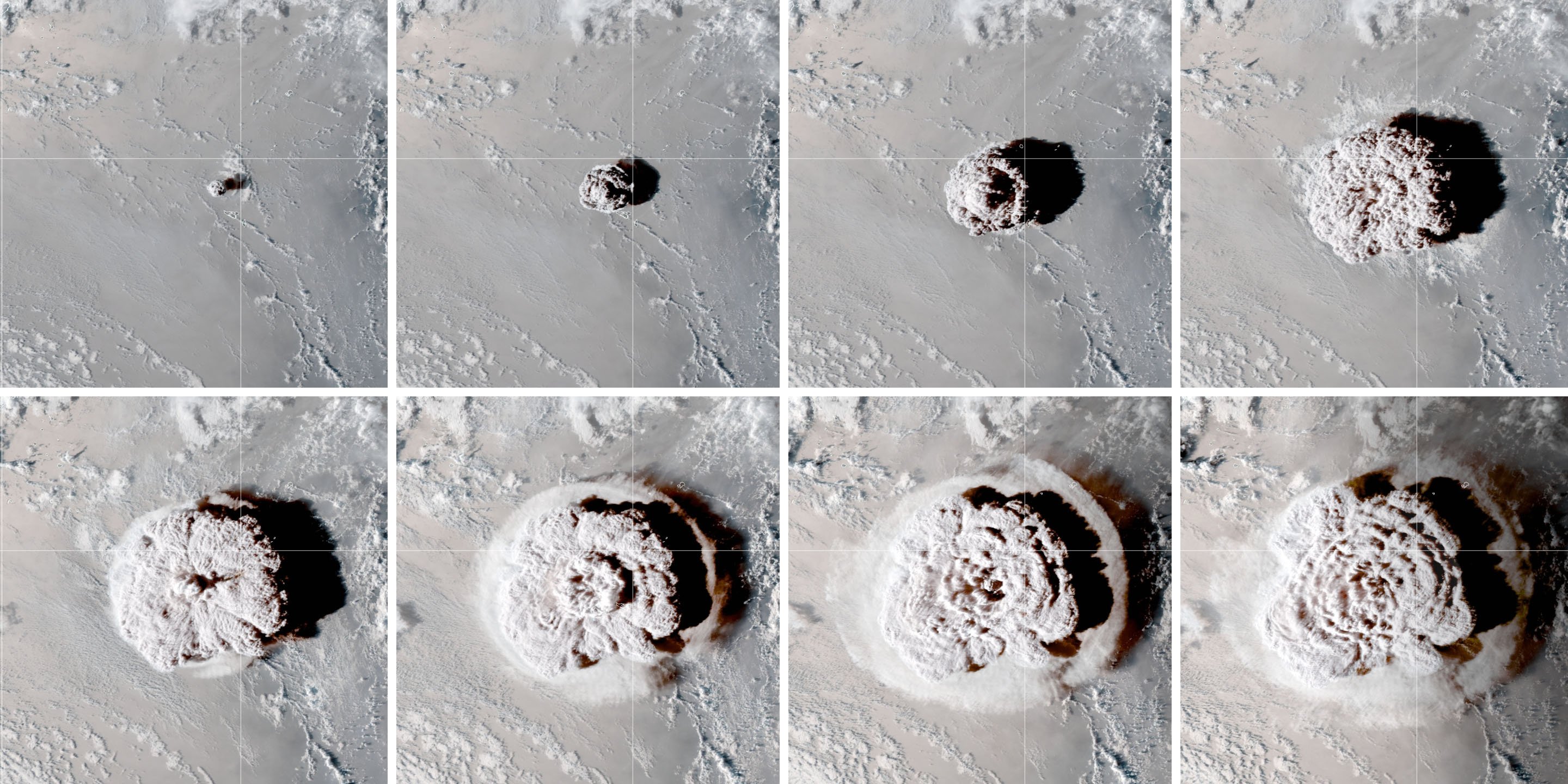 NASA GOES satellite image of the Hunga Tonga volcanic plume reaching the stratosphere on January 15 2022
