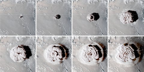 NASA GOES satellite image of the Hunga Tonga volcanic plume reaching the stratosphere on January 15 2022