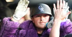 Hunter Goodman gestures after hitting a two-run home run for the Colorado Rockies against the Chicago Cubs at Coors Field on June 9, 2026
