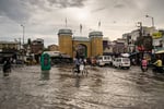 Waterlogged street near the Dabeerpura Darwaza gate in Hyderabad's old city after heavy rain