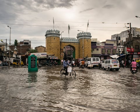 Waterlogged street near the Dabeerpura Darwaza gate in Hyderabad's old city after heavy rain