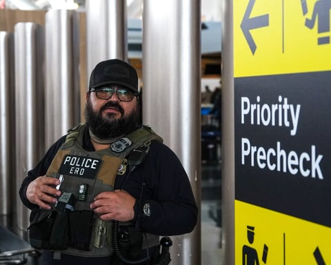 A federal immigration agent patrols John F Kennedy International Airport in New York