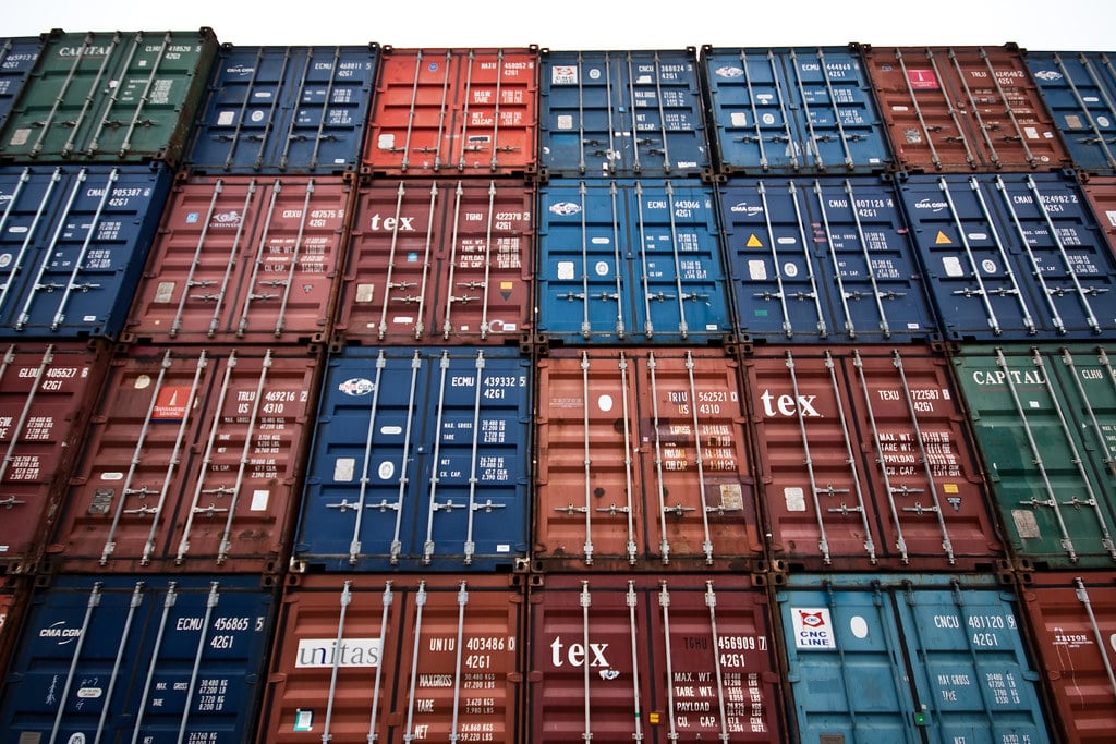 Multicolored stacked shipping containers, illustrating India's growing engineering and electronics exports