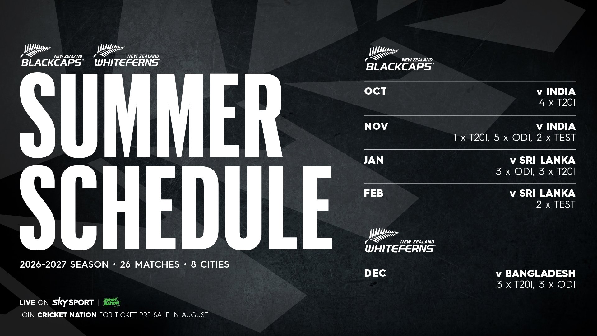 NZC schedule announcement banner for India's 2026 tour of New Zealand