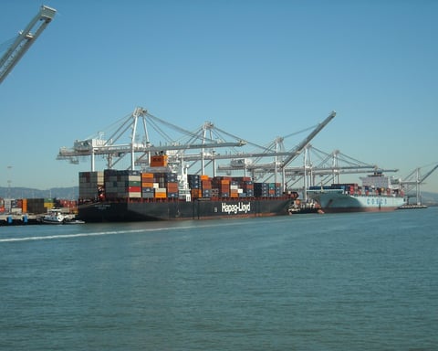 Container ships and stacked cargo containers at a port, illustrating India's record May merchandise exports