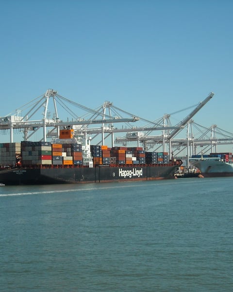 Container ships and stacked cargo containers at a port, illustrating India's record May merchandise exports