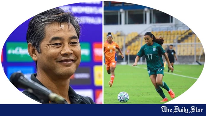 India head coach Crispin Chettri and Bangladesh winger Ritu Porna Chakma after the SAFF Women's Championship 2026 final