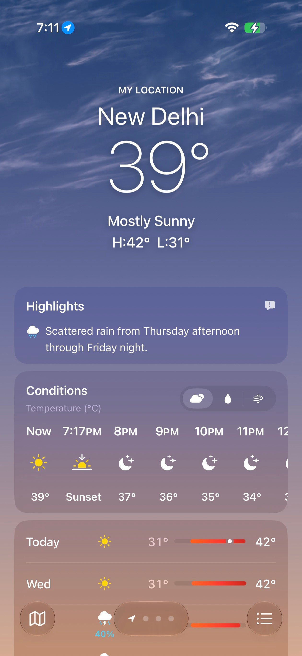iOS 27 Weather app showing the new highlights section with upcoming weather events