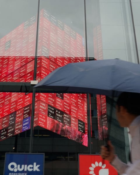 Electronic board showing Nikkei 225 stock prices in Tokyo as chip stocks rally on the US-Iran ceasefire