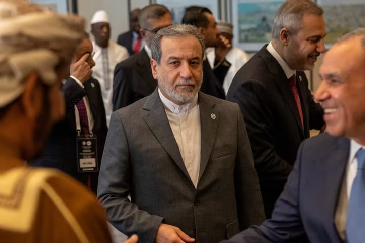 Iranian Foreign Minister Abbas Araghchi speaks as Iran demands Israeli withdrawal from Lebanon during US-Iran peace negotiations.