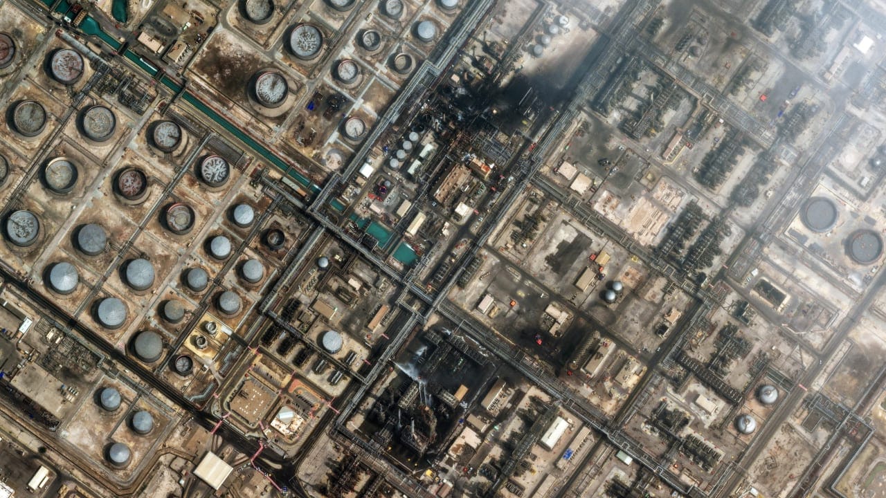 Satellite image showing destroyed drone hangars and structures at a US military base in the Middle East after Iranian retaliatory strikes