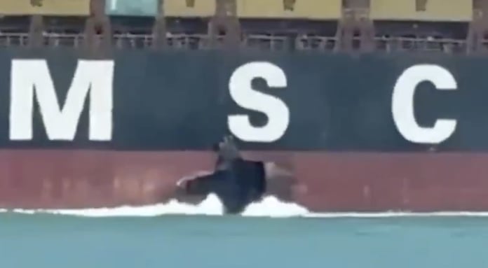 Damage to the hull of MSC Sariska V container ship after explosion in the Arabian Gulf near Umm Qasr Iraq