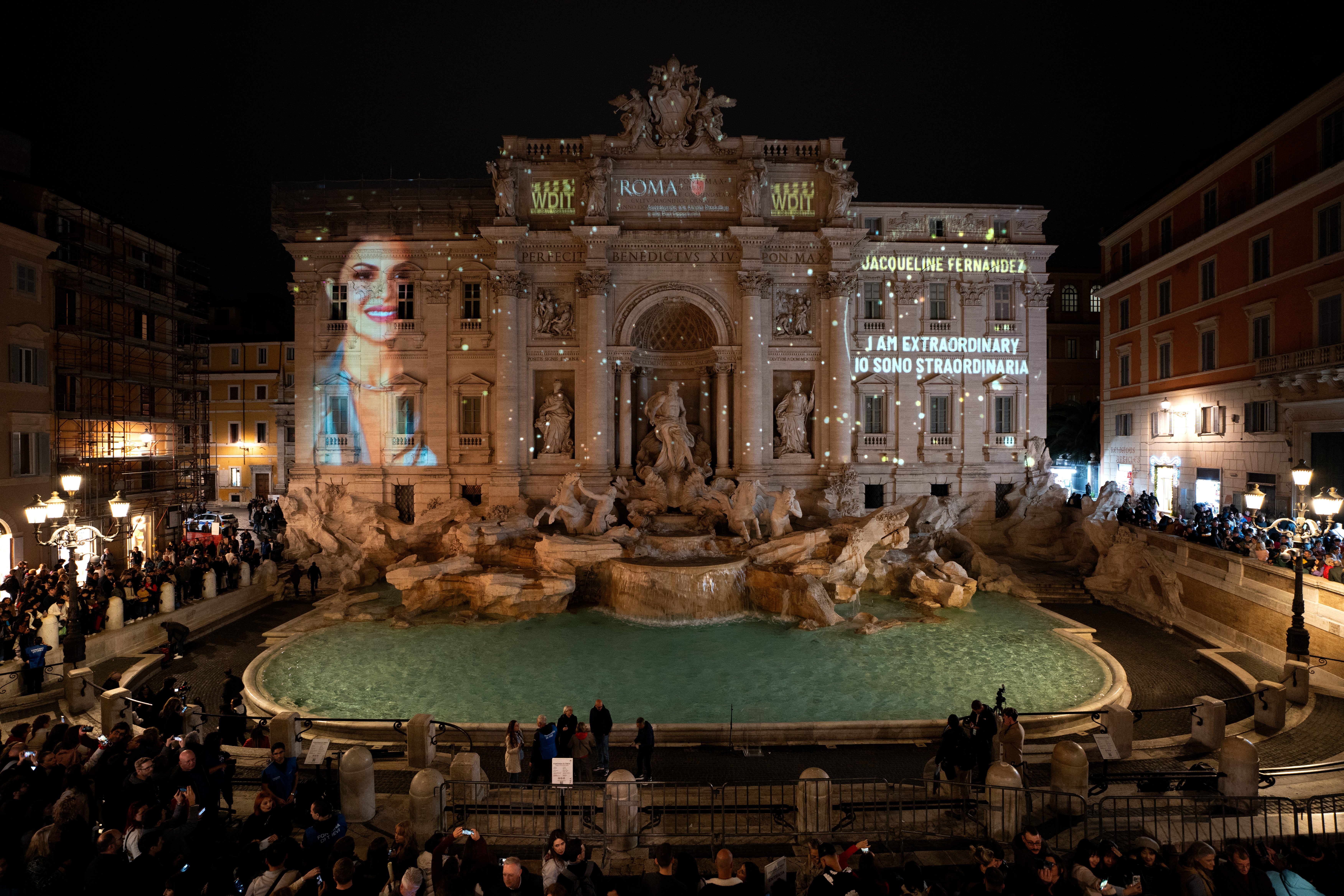 Jacqueline Fernandez's face projected onto the Trevi Fountain in Rome during a 2025 campaign