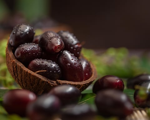 Fresh jamun black plum fruit known for antidiabetic properties in Ayurvedic medicine