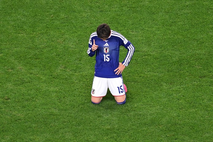 Daichi Kamada points to the sky after his 88th-minute equalizer for Japan against the Netherlands at the 2026 FIFA World Cup in Arlington Texas