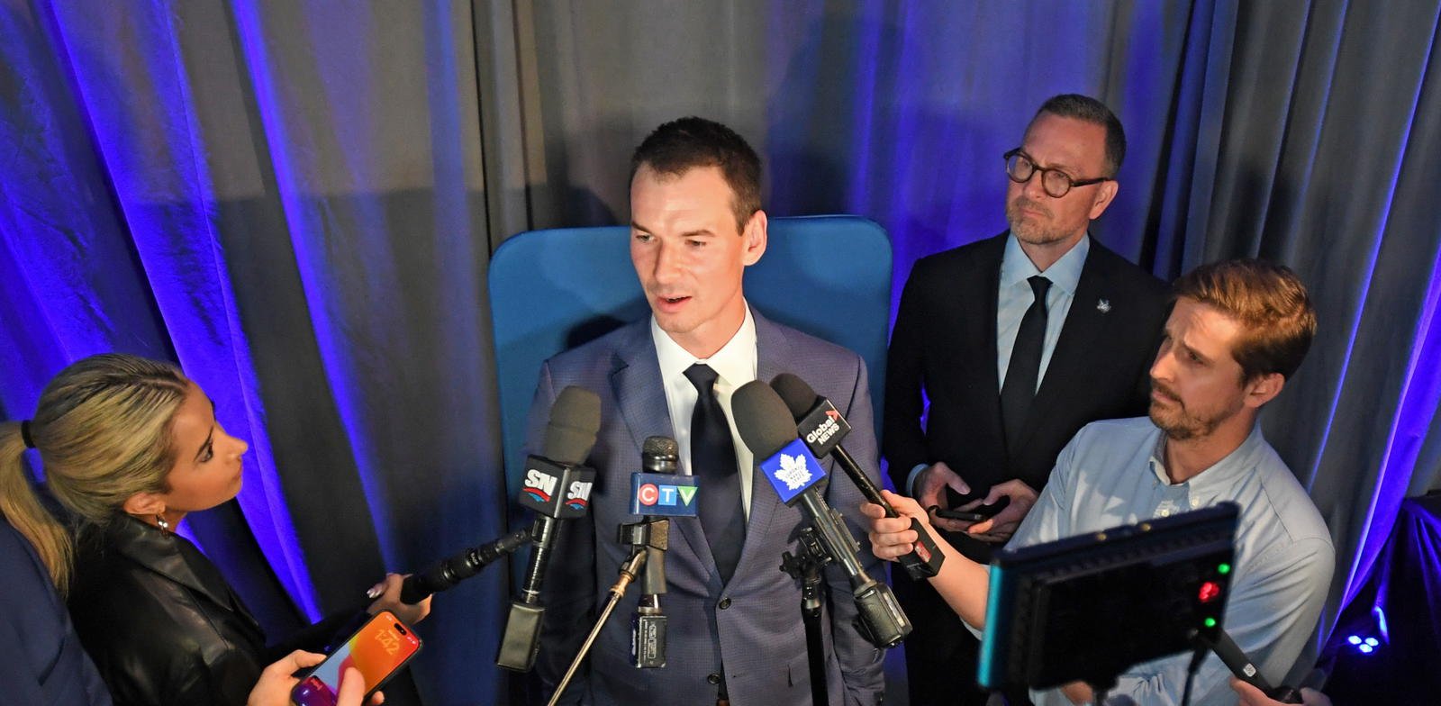 Toronto Maple Leafs GM John Chayka speaks to media at the 2026 NHL Scouting Combine in Buffalo