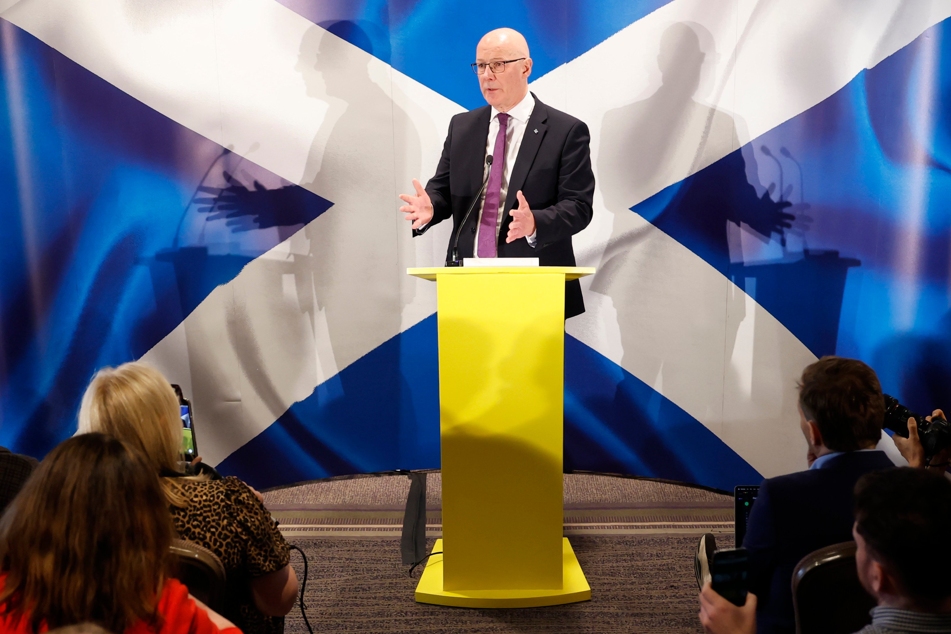 SNP First Minister John Swinney speaks at press conference after Peter Murrell embezzlement plea Edinburgh