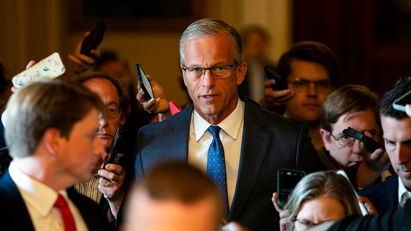 Senate Majority Leader John Thune speaks to reporters after Trump named Bill Pulte acting DNI