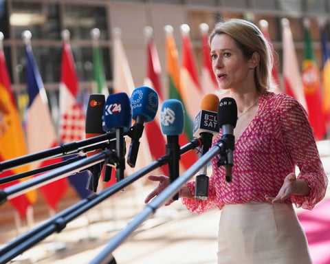 EU foreign policy chief Kaja Kallas speaks to media at the European Council building in Brussels ahead of the 17th sanctions package against Russia