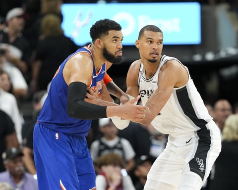 Karl-Anthony Towns battles Victor Wembanyama in Game 2 of the 2026 NBA Finals at Frost Bank Center