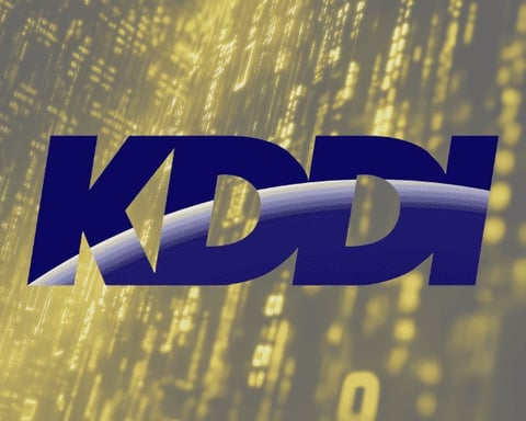KDDI Corporation logo against a digital background representing a cybersecurity breach affecting 14.2 million email accounts