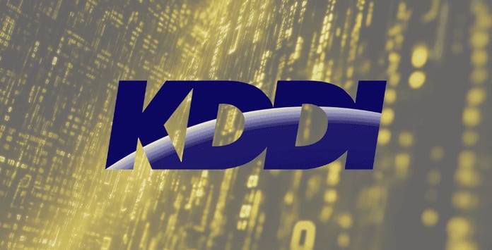KDDI Corporation logo against a digital background representing a cybersecurity breach affecting 14.2 million email accounts
