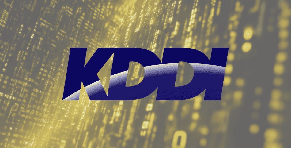 KDDI Corporation logo against a digital background representing a cybersecurity breach affecting 14.2 million email accounts