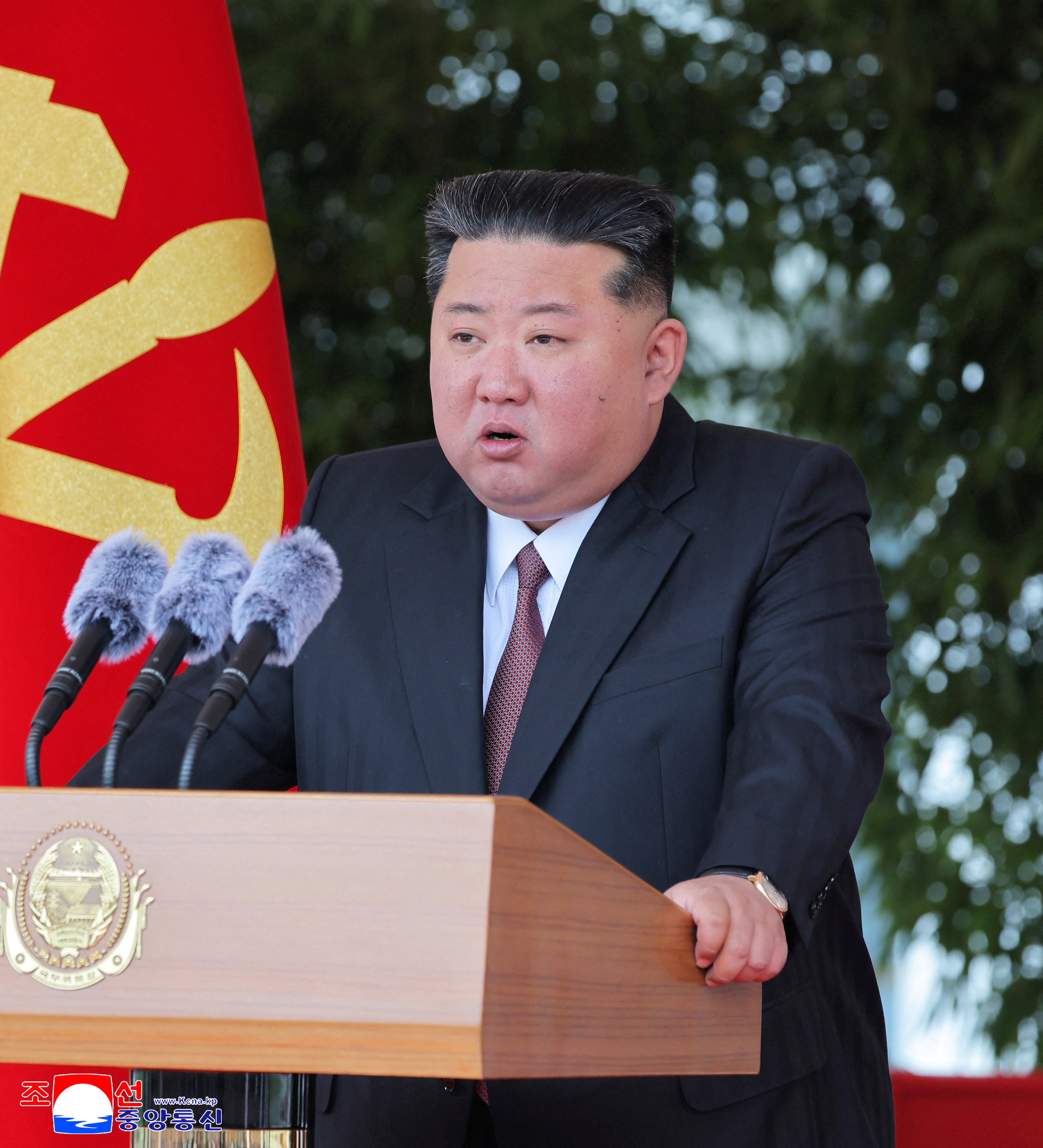 North Korean leader Kim Jong Un delivers a speech to officials of the Workers' Party of Korea