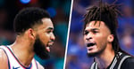 Karl-Anthony Towns of the New York Knicks and Stephon Castle of the San Antonio Spurs during Game 2 of the 2026 NBA Finals