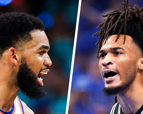 Karl-Anthony Towns of the New York Knicks and Stephon Castle of the San Antonio Spurs during Game 2 of the 2026 NBA Finals