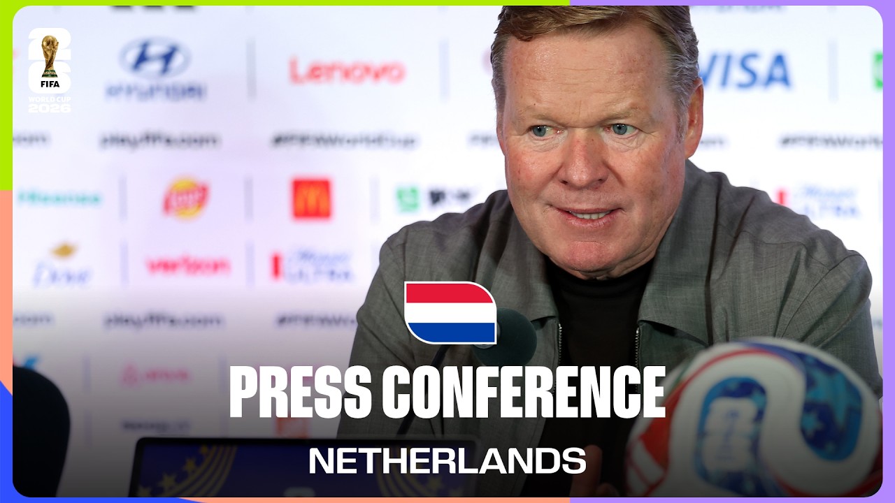 Netherlands head coach Ronald Koeman and midfielder Ryan Gravenberch at the pre-match press conference ahead of the 2026 FIFA World Cup Group F match against Tunisia