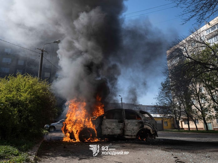Aftermath of Russian FPV drone strike on a car in Kramatorsk Donetsk Oblast May 2026 as Russian operation pressure mounts