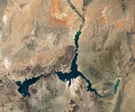 NASA Landsat 9 satellite image of Lake Mead from July 3 2022 showing low water levels with prominent bathtub ring