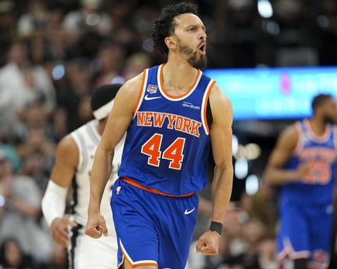 Landry Shamet of the New York Knicks in the 2026 NBA Finals against the San Antonio Spurs