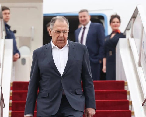 Russian Foreign Minister Sergey Lavrov disembarks a plane in Beijing, April 2026
