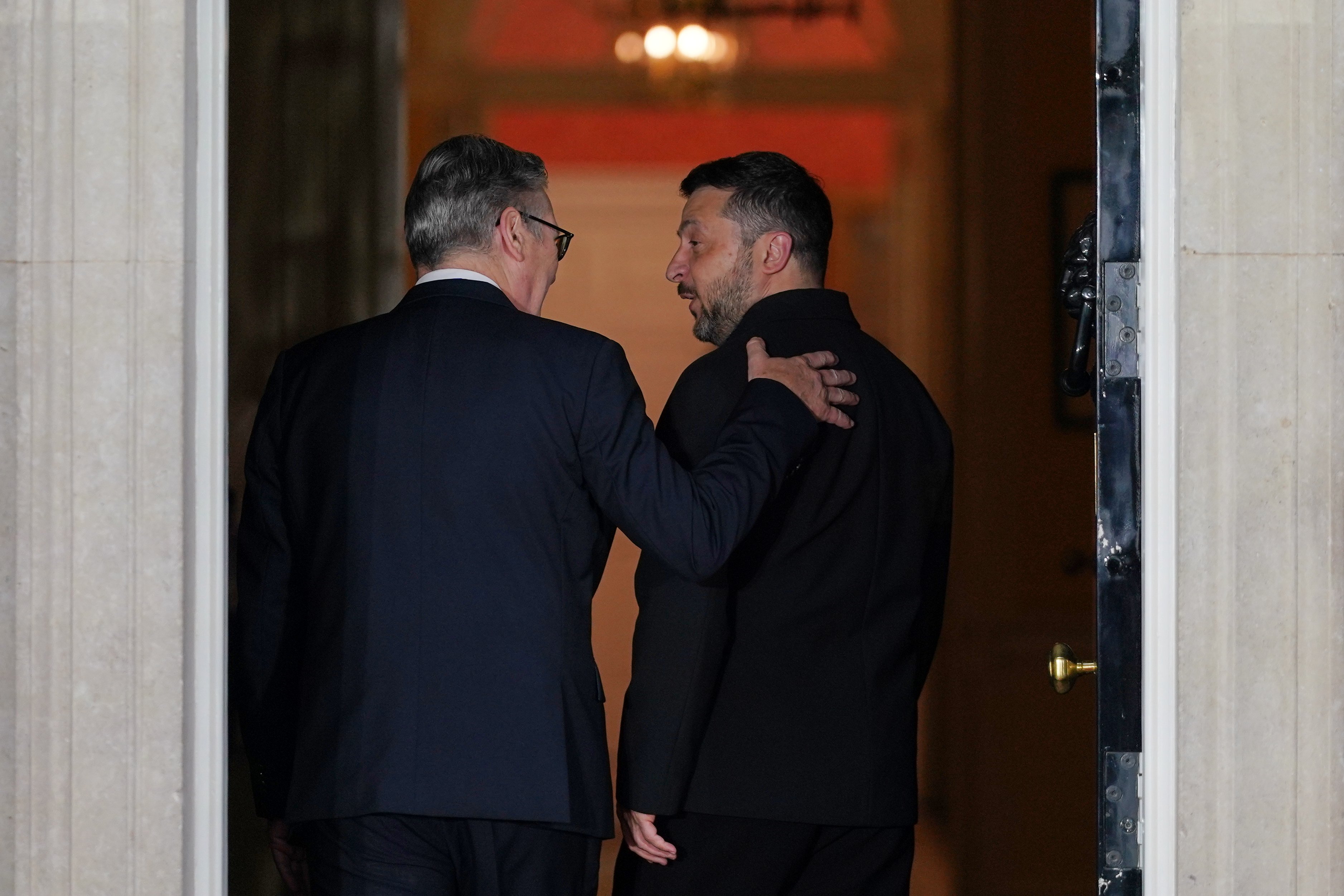UK Prime Minister Keir Starmer gestures to Ukrainian President Zelensky at 10 Downing Street during the London summit on Ukraine, June 7, 2026