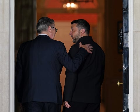 UK Prime Minister Keir Starmer gestures to Ukrainian President Zelensky at 10 Downing Street during the London summit on Ukraine, June 7, 2026