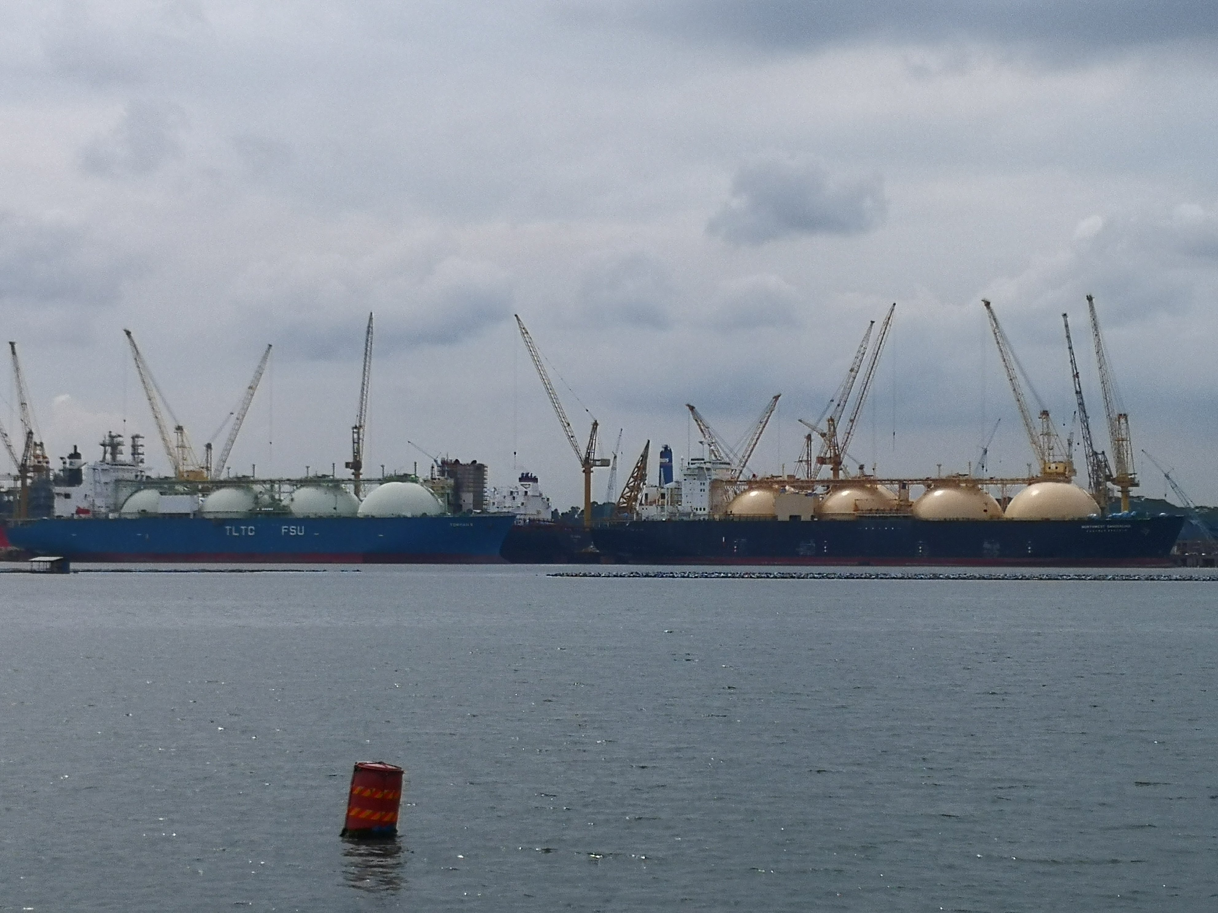 LNG carriers at anchor off Singapore, the kind of vessels that will move Malaysian gas to Japan under the new Petronas-JERA deal