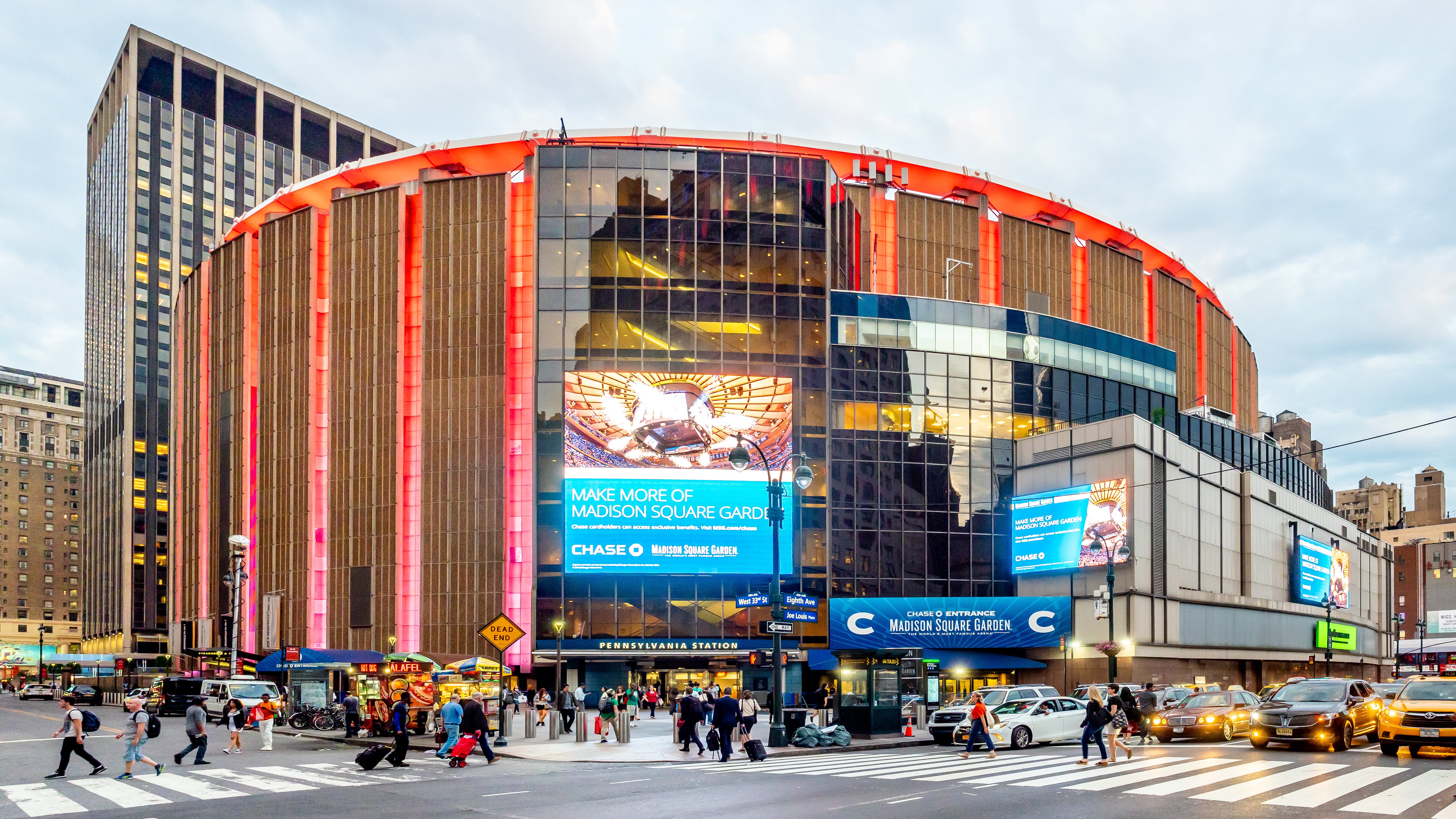 Madison Square Garden exterior in Midtown Manhattan New York City where Taylor Swift and Travis Kelce wedding event is planned