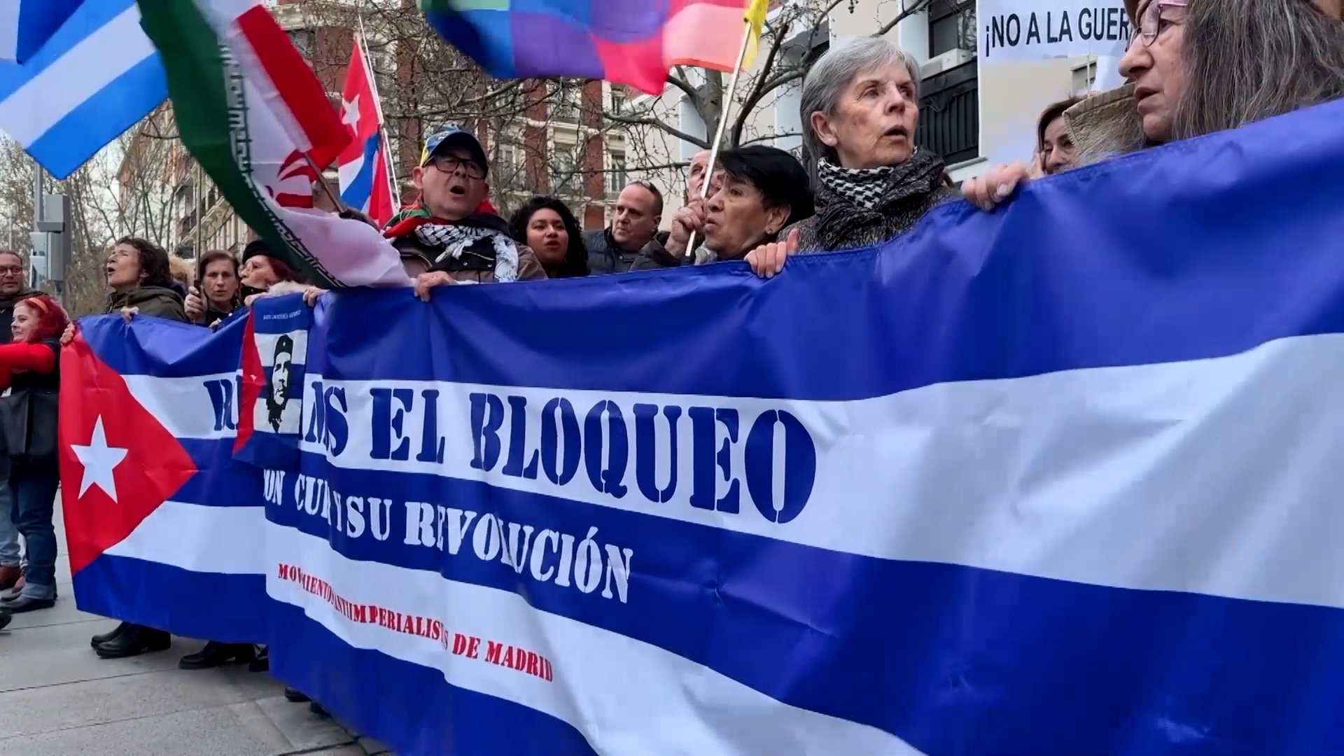 Protesters in Madrid demonstrate against the US blockade of Cuba and US military intervention in Latin America