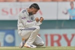 Manav Suthar celebrates his maiden Test wicket against Afghanistan in New Chandigarh