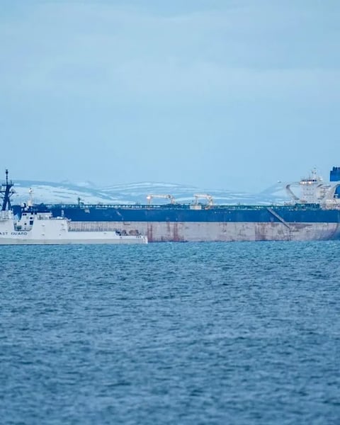 The Marinera, a Russian-flagged oil tanker, photographed in the Moray Firth before its January seizure with British military support