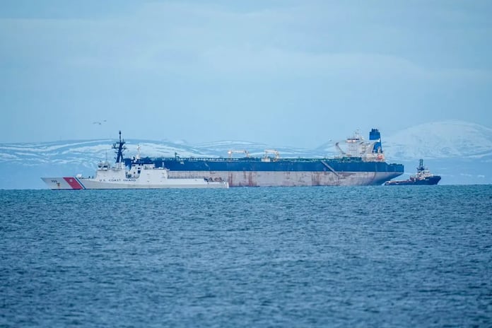 The Marinera, a Russian-flagged oil tanker, photographed in the Moray Firth before its January seizure with British military support