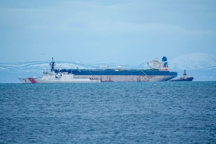 The Marinera, a Russian-flagged oil tanker, photographed in the Moray Firth before its January seizure with British military support