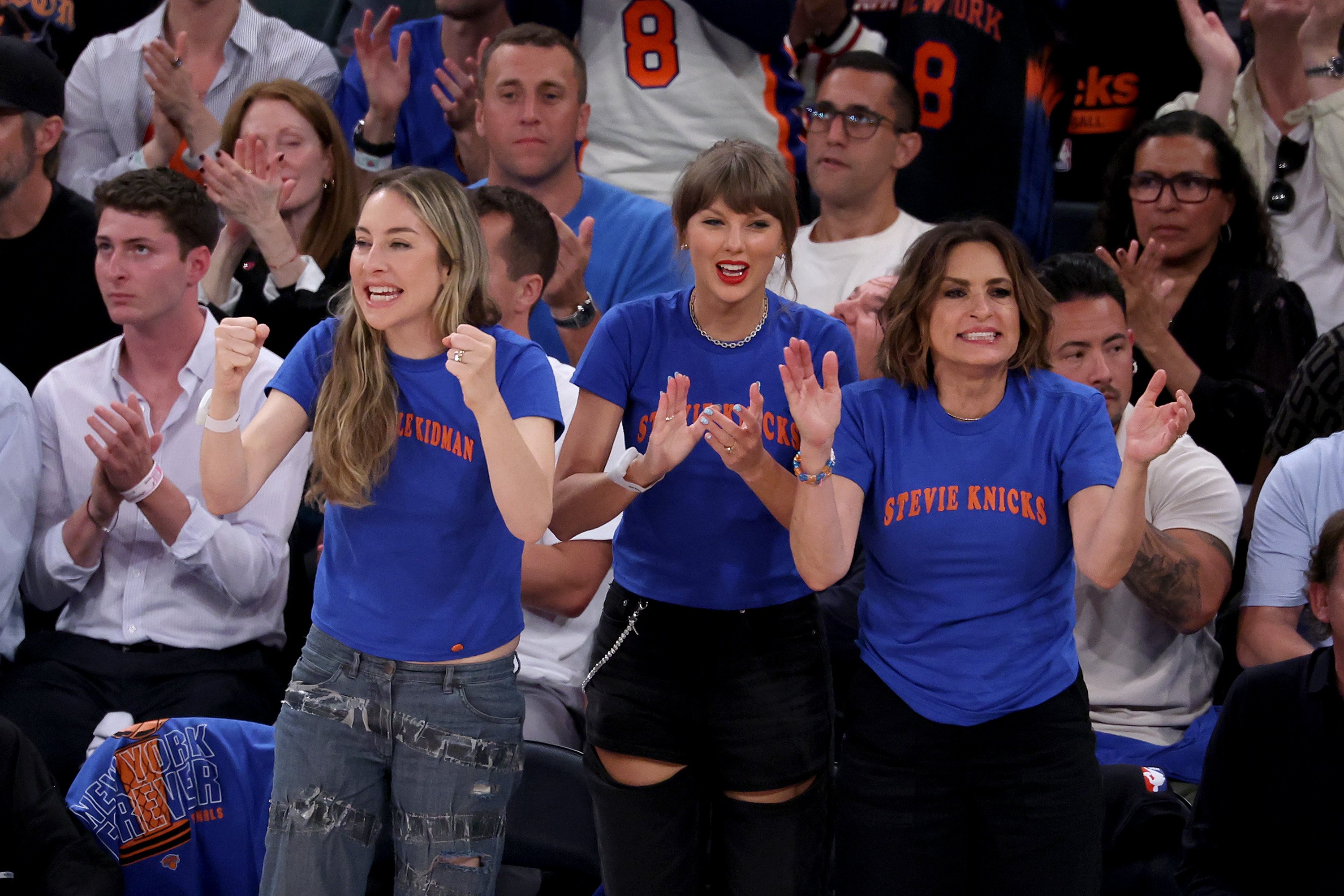 Este Haim, Taylor Swift, and Mariska Hargitay seated courtside at Game 4 of the 2026 NBA Finals at Madison Square Garden